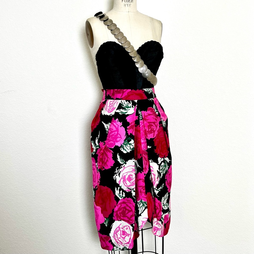 Vintage 80s Flora Kung Silk Rose Skirt